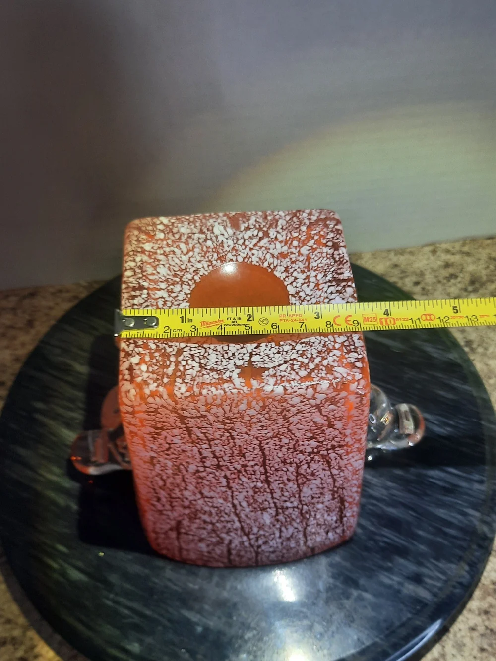 Orange Amberina Art Glass Ice Bucket with Clear Handles